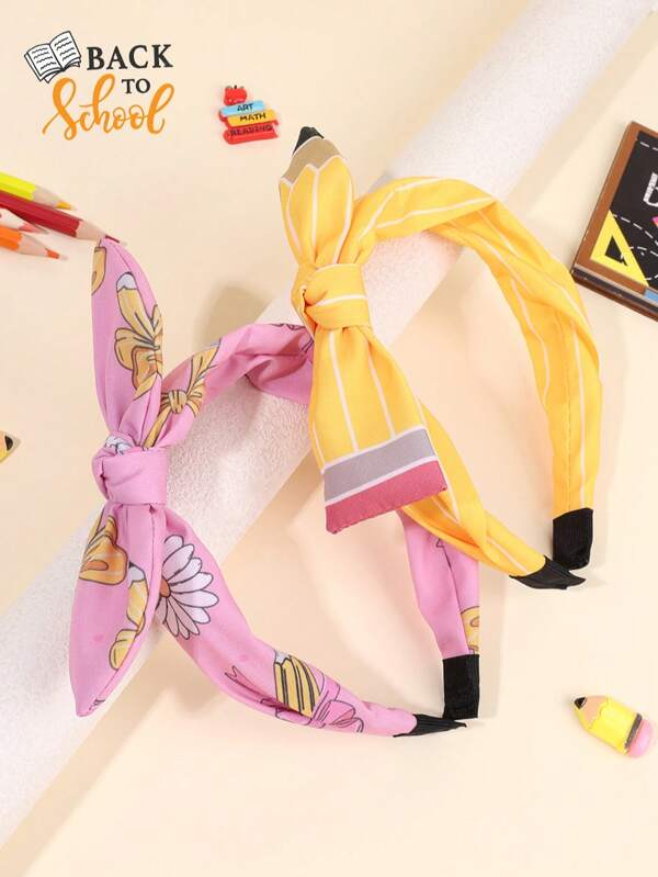 2pcs Back To School Headband For Students Pencil Bow Hairband Pencil Flower Stripes Pattern Bow Head Band Pencil Printed Bunny Ears Hair Band Cute Pink Yellow Pencil Headwear For First Day Of School Terms Begins Gifts Bow Headband Teens Hair Accessories