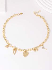 1pc Elegant Charm Necklace With Heart, Bowknot, Wine Glass, Cherry Pendant, Multi-Element Design Suitable For Women's Daily, Dating, Party Wear, Holiday Gift - Yellow Gold - View 5