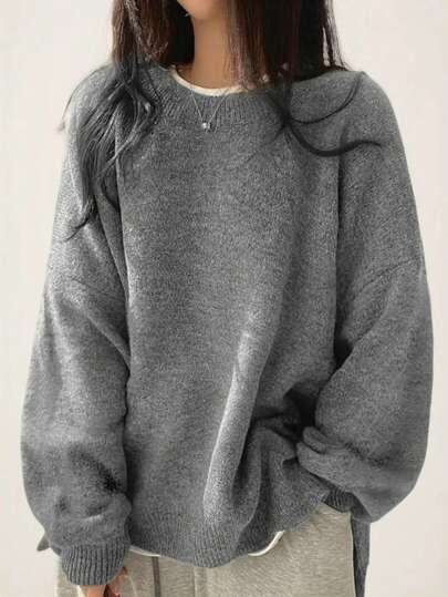 Women's Casual Loose Fit Gray Crew Neck Sweater, Soft & Comfortable Knit Pullover, Versatile For Autumn/Winter Layering Or Outerwear