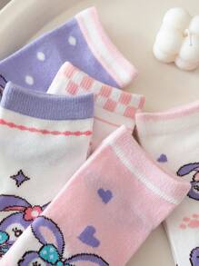 Disney 5 Pairs Girls/Kids Casual Cartoon Socks, Purple Tone Rabbit, Heart, Bowknot Patterns, Cute Style, Ankle Socks, Suitable For Students Daily, Back To School Season, All Season