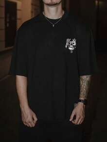 Plus Size Men's Summer Casual Short Sleeve T-Shirt, Vintage Dark Skull Style, Round Neck, Polyester Fabric, Suitable For Sports & Fitness