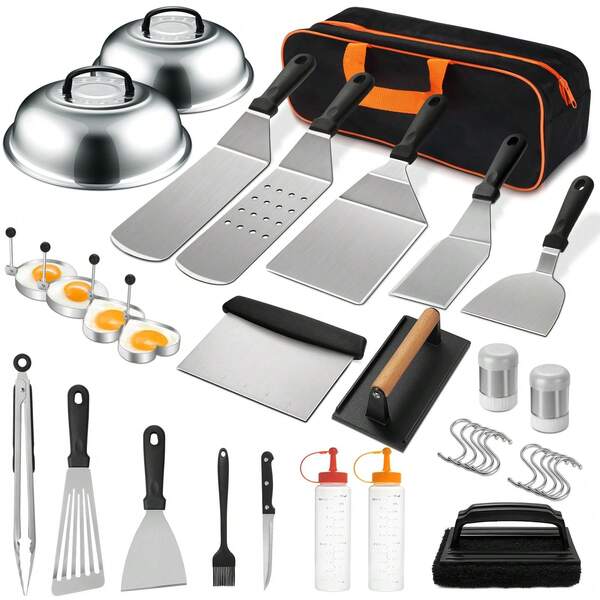 35 pièces Kit d'accessoires de plaque à frire, Set d'accessoires de plaque à frire plate pour Blackstone et Camp Chef, Set de spatules de gril avec spatules agrandies, Couvercle d'arrosage, Grattoir pour barbecue extérieur