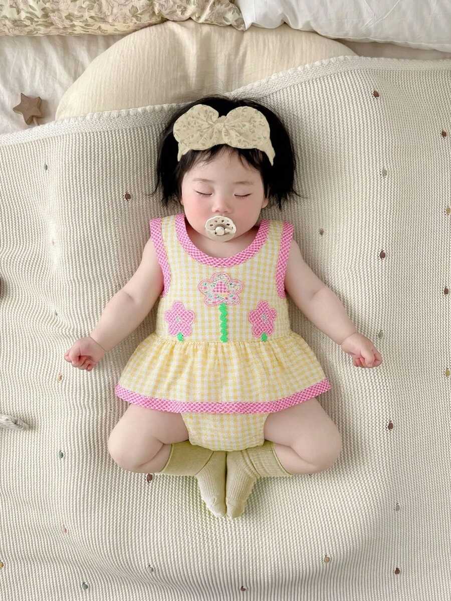 女婴时尚花卉刺绣格子无袖连体衣 - 黃色 - 查看 1