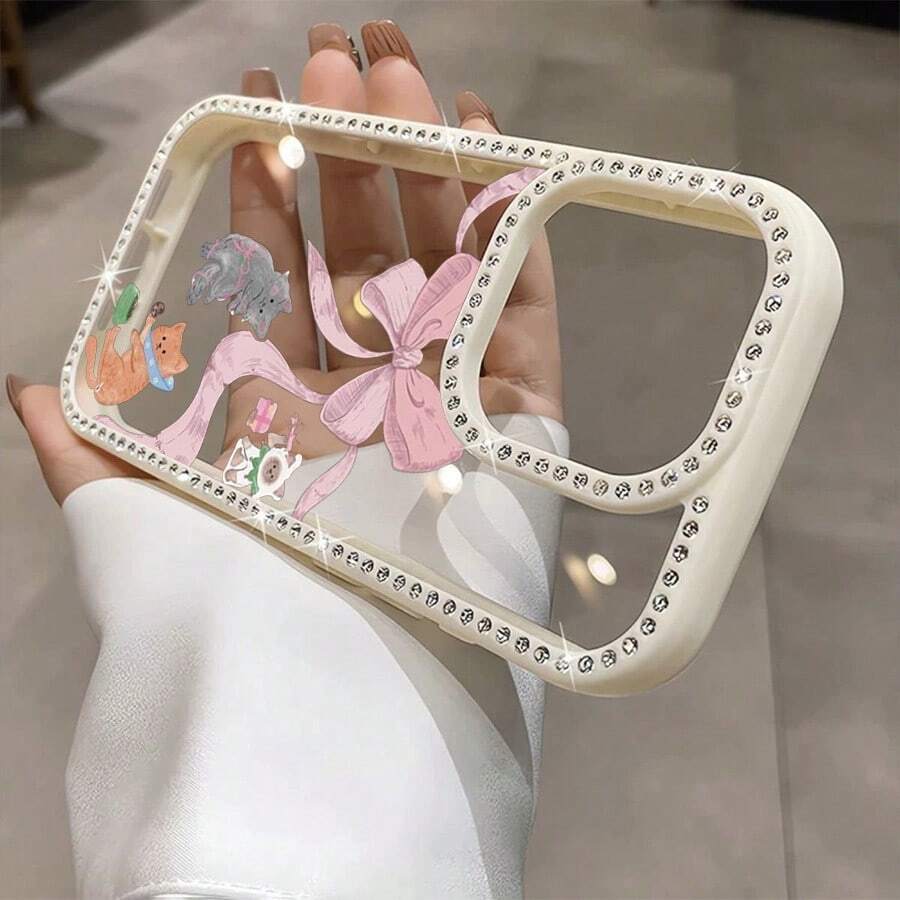 Funda para teléfono 1 unidad, lazo rosa, lindos gatos, brillante, doble cara | Funda brillante 11/12/13/14/15/16 - Blanco - Ver 1