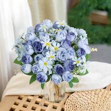 1支/2支/3支/30支装秋季装饰人造玫瑰花束，丝绸菊花牡丹仿真植物，情人节礼物，生日派对装饰，婚礼花篮，新娘捧花，家居装饰，餐厅，卧室，窗台，花瓶装饰，新年装饰，户外花园，返校季 - 藍色1 - 查看 6