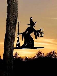 1pc Enchanting Witch & Cat Garden Decor - Iron Yard Art With Flying Broomstick, Perfect For Halloween & Outdoor Spaces, Tree Stump Insert, Outdoor Garden Decor|Spooky Theme Decor|Iron Construction, Witch DecorA Perfect Halloween Gift For Lovers, Parents And Friends. - Multicolor - View 7