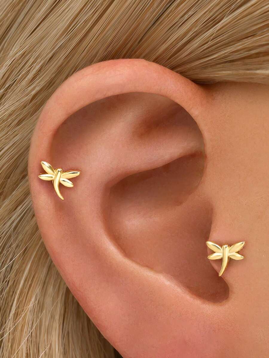 1只16G迷你蜻蜓耳骨钉，金色扁平耳环 | 迷你耳环 | 可叠戴耳环 | 蜻蜓耳环 | 925纯银饰品 | 适合女性日常佩戴 | 单只出售（非一对）