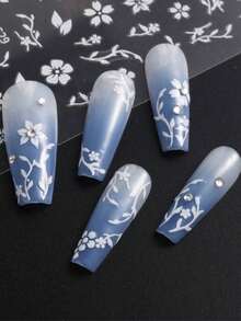 2片优雅白色玉兰花3D美甲贴纸 - 自粘五瓣花贴纸，适合DIY婚礼和派对美甲，闪光效果，一次性美甲用品 - 白色 - 查看 3