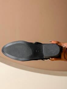 女士秋冬新款纯色粗跟皮带扣侧拉链短靴，休闲百搭切尔西踝靴，女靴 - 黑色 - 查看 7