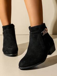 女士秋冬新款纯色粗跟皮带扣侧拉链短靴，休闲百搭切尔西踝靴，女靴 - 黑色 - 查看 4