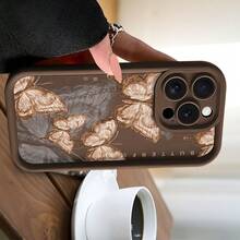 Retro-Style Phone Case With Dark Brown Background And Light Brown Butterfly Sketch, Suitable For 17/17Air/16e/16/15/14/13/12/11/ProMax/Pro/Plus/XSMax/XS.  And Also For  Galaxy S22/S23/S24/S25/Plus/FE/Edge/Ultra.It Offers Full Protection And Is A Stylish Choice, Making It An Ideal Gift - 棕色 - 查看 2