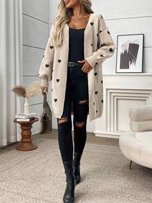 Plus Size Casual Heart Pattern Contrast Color Knit Cardigan Sweater - Khaki - View 4