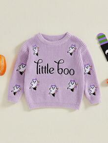 Suéter de manga larga para bebé, de Halloween, informal, con letras y bordado de fantasmas, jersey de punto para niño pequeño, ropa cálida - Morado - Ver 1
