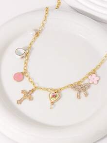 Multi-Element Necklace For Women - Cross, Bow, Letter, Heart, Flower, Faux Pearl Pendant, Suitable For Everyday Wear, Vacation, Date, Party, Festive Gift - Yellow Gold - View 2