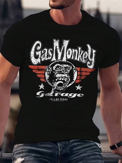 Camiseta de manga corta de cuello redondo con gráfico de Gas Monkey, casual y de moda para hombres, para el verano