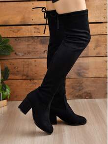 2025 Fall/Winter New Thick Heel Thigh High Boots, Elastic Pointed Toe Tall Boots For Women - Black - View 2