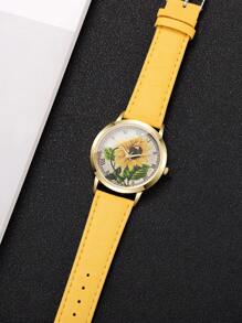 Women's Classic Elegant Solar Flower Dial Roman Numeral Fashion Casual Leather Strap Quartz Wrist Watch, 1 Pc/Set (Watch Box Not Included)