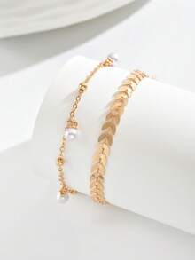 2 件时尚百搭简约飞机吊饰珍珠装饰脚链套装，适合女士