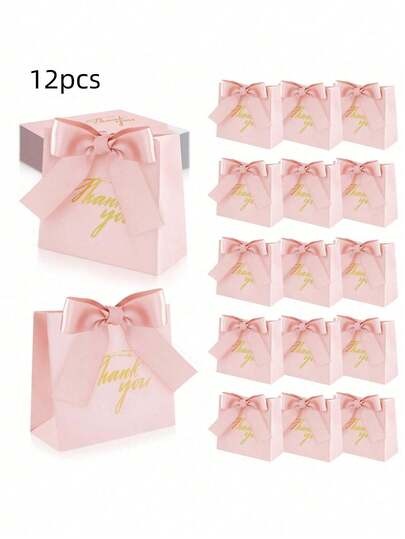 12 件感谢礼品袋，派对礼品糖果盒袋配玫瑰红蝴蝶结丝带，粉色花纹纸质礼品袋，适用于婚礼、洗礼、公司聚会等，款式随机发送