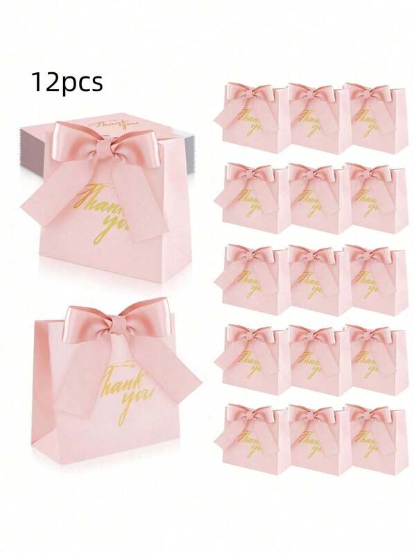 12 件感谢礼品袋，派对礼品糖果盒袋配玫瑰红蝴蝶结丝带，粉色花纹纸质礼品袋，适用于婚礼、洗礼、公司聚会等，款式随机发送