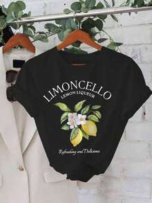 大尺碼女款夏季字母水果印花圓領短袖休閒T恤 LIMONCELLO 檸檬利口酒清爽美味圖案T恤女上衣 - 黑色 - 查看 1