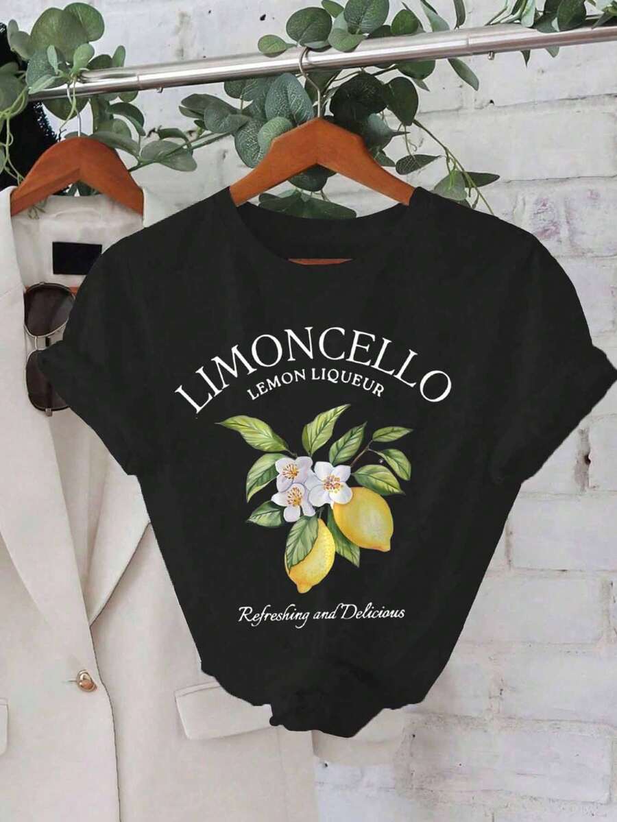 大尺碼女款夏季字母水果印花圓領短袖休閒T恤 LIMONCELLO 檸檬利口酒清爽美味圖案T恤女上衣 - 黑色 - 查看 1