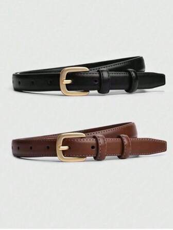 2pcs Needle Buckle Decoration Jeans & Skirt Minimalist Thin Fashion Belt, Women Casual Vintage PU Leather Belt, All Season Summer, School Fall, Autumn, Halloween