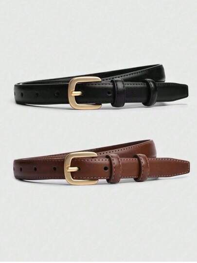 2pcs Needle Buckle Decoration Jeans & Skirt Minimalist Thin Fashion Belt, Women Casual Vintage PU Leather Belt, All Season Summer, School Fall, Autumn, Halloween