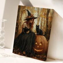 1 bức tranh tường vải canvas phù thủy Halloween quyến rũ cảnh rừng mùa thu với mèo đen và đèn lồng bí ngô, đồ trang trí theo mùa ma quái, đồ trang trí nhà cửa, thẩm mỹ trang trí phòng, tranh tường vải canvas, khung tùy chọn áp phích phòng, đồ trang trí phòng ngủ - 1 cái - Xem 7