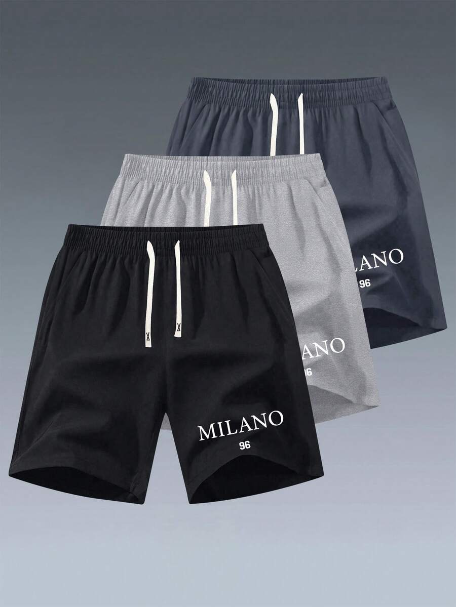 3 件男士夏季松紧腰抽绳口袋字母图案短裤，适合度假、海滩、户外运动、慢跑