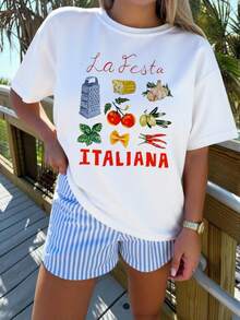 Playera tshirt mujer estampado ingredientes italianos moderna juvenil fresca estilo veraniego divertido casual - Blanco - Ver 1