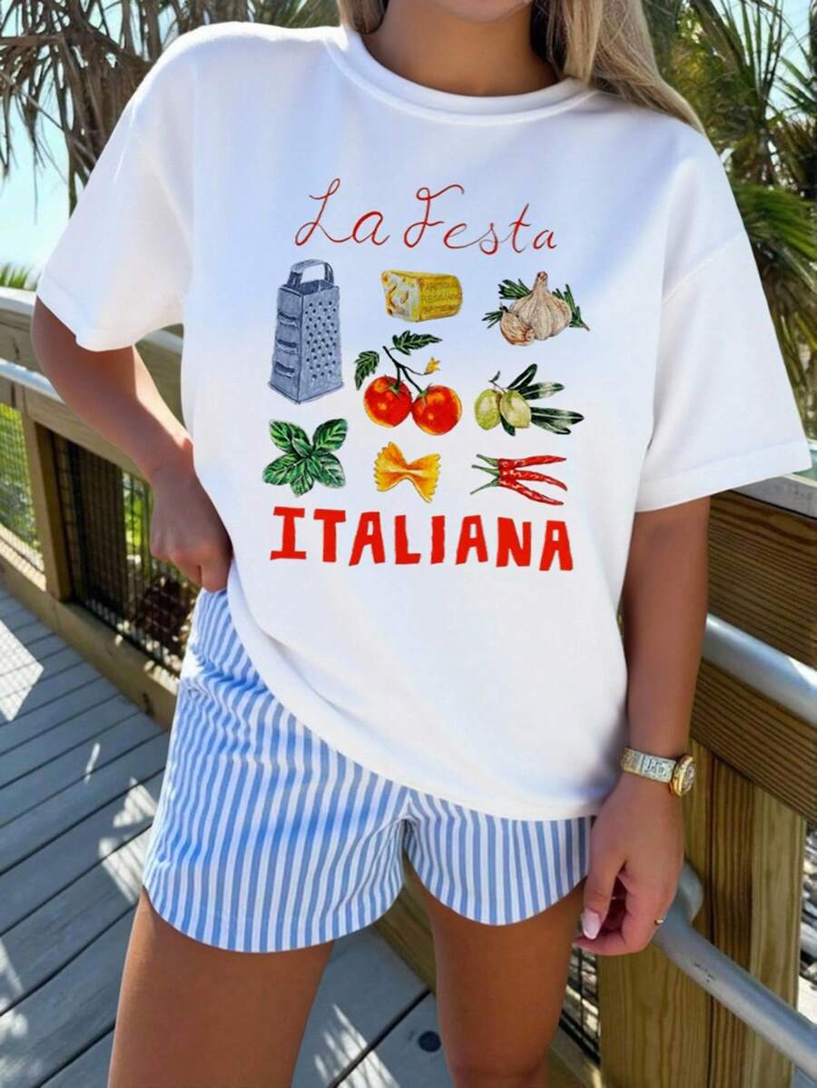 Playera tshirt mujer estampado ingredientes italianos moderna juvenil fresca estilo veraniego divertido casual - Blanco - Ver 1