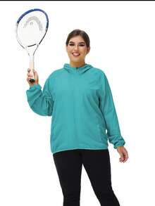 1pc Women Outdoor Lightweight Solid Color Long Sleeve Casual Jackets, Zipper Hooded Plus Size Women Jackets, Water-Resistant Fabric, Sun-Protective Outerwear