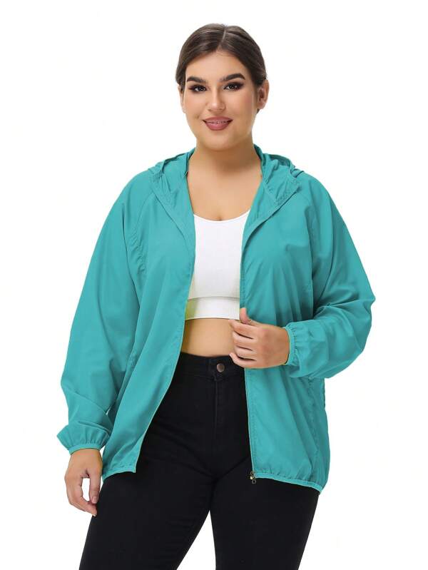 1pc Women Outdoor Lightweight Solid Color Long Sleeve Casual Jackets, Zipper Hooded Plus Size Women Jackets, Water-Resistant Fabric, Sun-Protective Outerwear