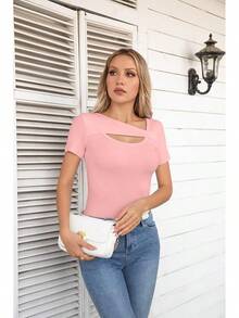 Womens Fashion Fall Cutout Long Sleeve Ribbed Slim Fitted Tops Shirts Tee Tshirts - 短光粉紅 - 查看 7
