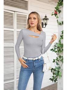 Womens Fashion Fall Cutout Long Sleeve Ribbed Slim Fitted Tops Shirts Tee Tshirts - Long-grey - View 3