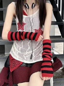 1 Pair Y2K Style Arm Warmers For Women, Punk Gothic Striped Fingerless Knitted Arm Sleeve Warmers For Halloween Cold Gloves Y2k Valentine's Day Valentines