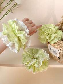 1 件优雅绿色蕾丝多层发圈，柔软马尾辫夹，适合女性日常使用，温和发饰，发圈，发圈，发球，休闲 - 彩色 - 查看 2