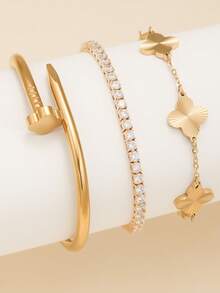 时尚性感不锈钢立方氧化锆四叶草耳环套装，适合女性日常佩戴、约会、多种场合搭配以及作为礼物赠送。 - 金黃色 - 查看 7