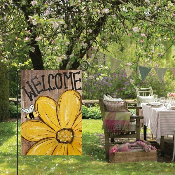 1pc, Bee Sunflower Spring Summer House Flag, Welcome Wood Grain Yard Outdoor Flag, Lawn Decor, Patio Decor30*45cm