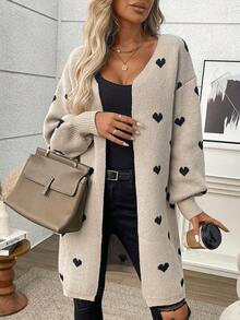 Plus Size Casual Heart Pattern Contrast Color Knit Cardigan Sweater - Khaki - View 1