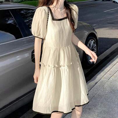 여름 신상 루즈 돌 드레스 캐주얼 드레스 스커트 요정 미학 인스 프린세스 반팔 드레스, 여성 패션