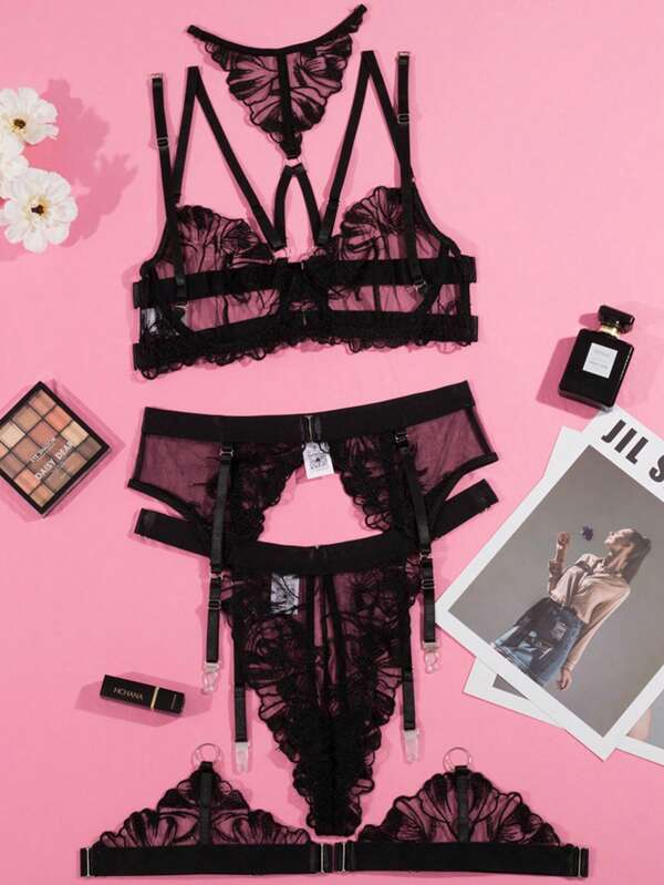 Sexy lingerieset voor dames, jarretellesgordel met stalen bh, bloemenborduursel, 3-delige set