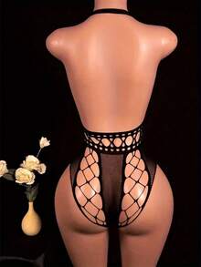 Bộ đồ lót liền thân gợi cảm, tất cao đến đùi, độ đàn hồi cao, phù hợp với người từ 88,18-187,39LB, kiểu hở ngực màu đen khoét rỗng. - màu đen - Xem 5