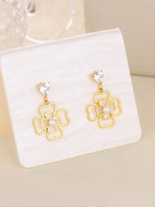 1 对女士锆石珍珠四叶草耳环金色不锈钢花朵耳环圣诞婚礼珠宝礼物 - 彩色 - 查看 5