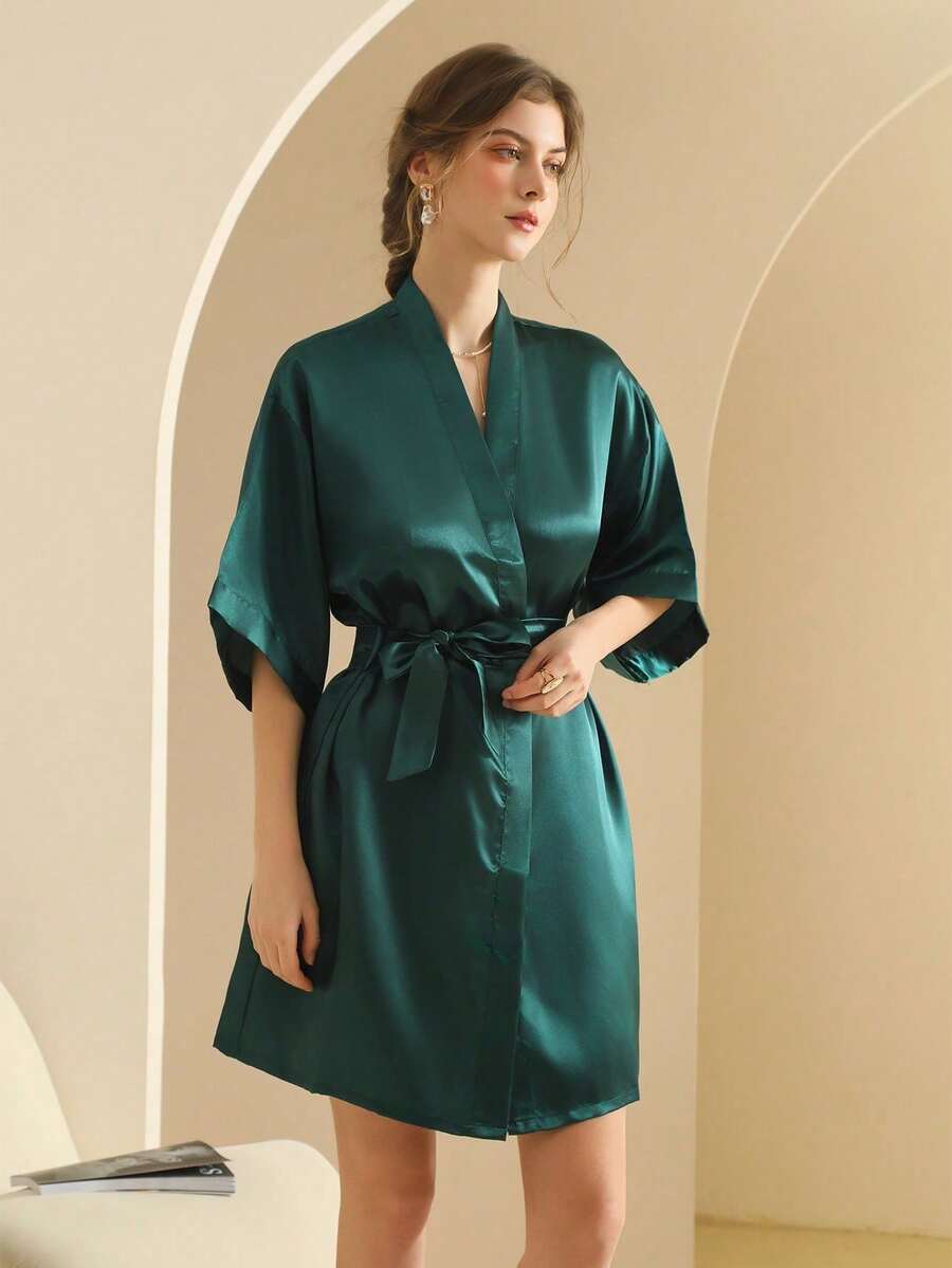 Women's Silk Robe, Lightweight Open Front Long Robe, Suitable For Bridal, Friends, Home And Hotel Wear - Dark Green - View 1