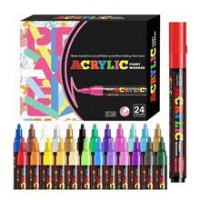 [Vibrant Acrylic Marker Pen Set] 12/18/24 Pcs Vibrant Acrylic Marker Pen Set - Medium (2-3mm) Tip Markers - For Rock Painting, Black Paper, Skateboard Decoration, Wood, Plastic, Canvas, Christmas Greetings - Multicolor - View 12