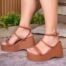 Somileve Platform Sandal With Straps For Women, Comfortable, Buckle Closure - Camel - View 2