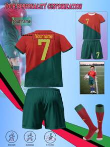 Customized Name/Number/Team Uniform, Portugal National Team, Boys' Sportswear Set, Crew Neck Top And Shorts