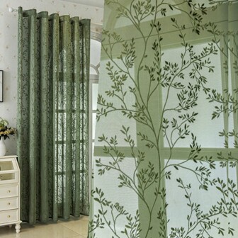 单片波西米亚法式绿色植物提花半透明窗帘，带杆袋，现代纹理面料，可过滤光线，适用于卧室、客厅、阳台的家居装饰